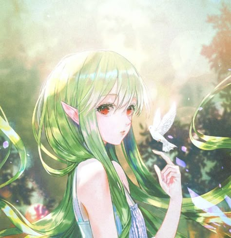 Long Green Hair, Anime Green Hair, Anime Elf, Seni Dan Kraf, 캐릭터 드로잉, Dessin Adorable, 판타지 아트, Anime Angel, Green Hair