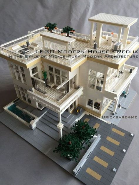 Modern Lego House, Lego Modern House, Lego House Instructions, Lego Mansion, Architecture Modern House, Mid Century Modern Architecture, Lego House Ideas, Lego Buildings, Lego Display