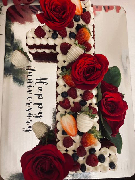 Red Number Cake, Red Velvet Number Cake, Number Cakes With Fruit, Number Cake Strawberry, Strawberry Anniversary Cake, Fancy Number Cake, Ace Birthday, Number One Cake, Alphabet Cake