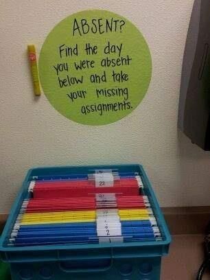 Have a self-service spot for kids who were absent. | 37 Insanely Smart School Teacher Hacks Paper Organization Classroom, Absent Folder, Missing Assignments, Organized Teacher, Absent Students, Organized Classroom, Teaching Organization, Smart School, Class Organization