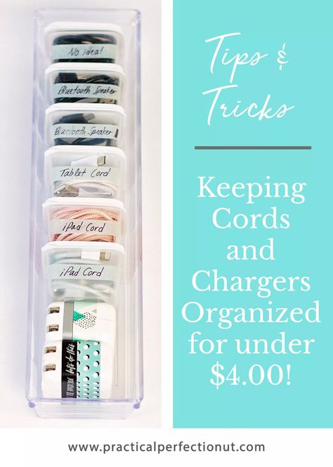 Organizing Cords - Practical Perfection Organize Charging Cords, Organizing Hacks Dollar Stores, Organizing Cords, Junk Drawer Organizing, Organization Hacks Diy, Charger Organizer, Free Printables Organization, Ways To Organize, Dollar Store Organizing