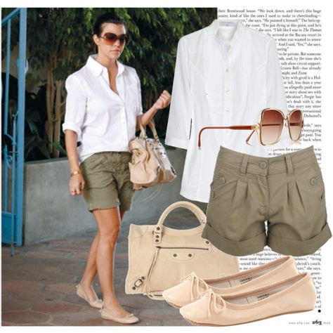 340. Celebrity Styles : Kourtney Kardashian (07.08.2011), created by valdete on Polyvore Olive Shorts Outfit, Summer Weekend Outfit, Spring Weekend Outfit, Zoo Outfit, Kourtney Kardashian Style, Olive Shorts, Safari Chic, Casual Chique, Look Short