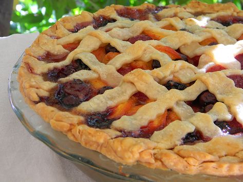 Summer is Here Triple Berry Peach Pie Berry Pie Recipe, Triple Berry Pie, Peach Pie Recipes, Dessert Pie Recipes, Raspberry Pie, Strawberries Blueberries, Berry Pie, Fruit Pie, Peach Pie