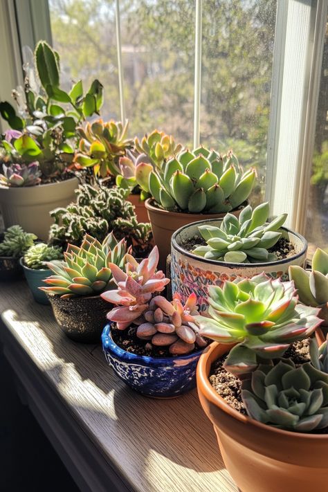 Create your indoor succulent and cactus garden with easy care tips! These plants thrive in bright light and need minimal water. #IndoorGarden #Succulents Succulent And Cactus Garden, Dream Plants, Garden Inspo, Green Oasis, Succulents Indoor, Plant Aesthetic, Cactus Garden, Garden Tips, Succulents Garden