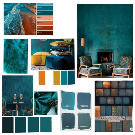 Teal And Gold Interior, Teal Colour Palette Bedroom, Teal Copper Living Room, Wall Bedroom Color, Teal Living Room Color Scheme, Teal And Gold Living Room, Teal And Copper Bedroom, Bedroom Light Ideas, Teal And Gold Bedroom