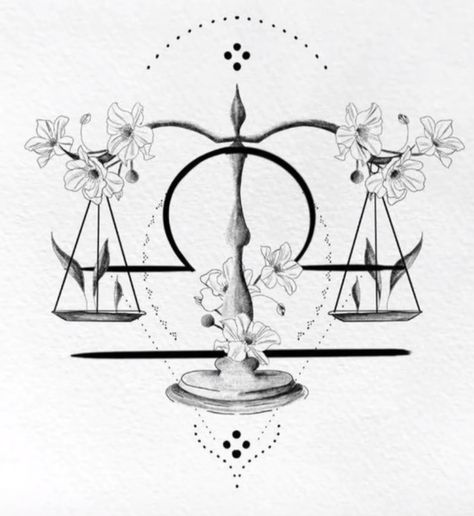 Flower Libra Tattoo, Libra Zodiac Drawing, Scales Tattoo Balance, Libra Tattoo Scales, Libra Drawings, Libra Scales Drawing, Balance Scale Tattoo, Libra Tattoo Ideas Unique, Libra Tattoo Ideas For Women