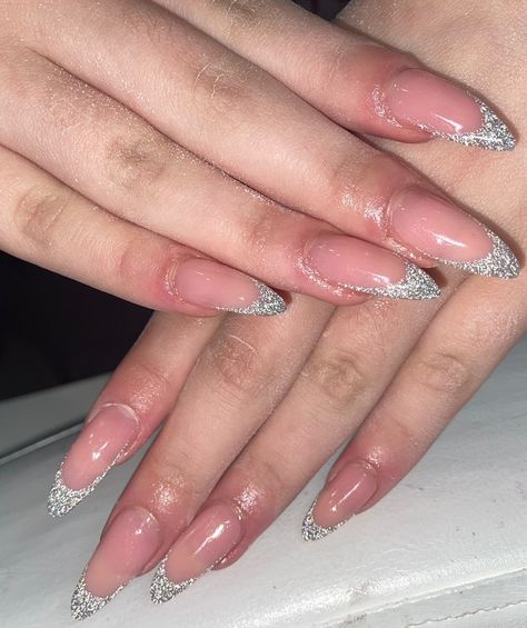 Hair Color Ideas For 21st Birthday, Oval Glitter French Tip Nails, Birthday Nails French Tip Glitter, Silver Glitter French Tip Nails Almond, Almond Glitter French Tip Nails, Silver Oval Nails, Silver French Tip Nails Almond, Shiny French Tip Nails, French Tip Silver