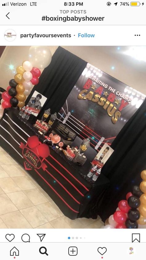 Boxing Balloon Ideas, Diy Boxing Party Decorations, Boxing Backdrop, Boxing Gender Reveal Ideas, Gender Reveal Boxing Theme, Boxing 1st Birthday Theme, Round 1 Boxing Birthday Party, Boxing Ring Birthday Party, Boxing Birthday Party Ideas