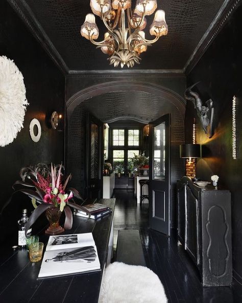 Dramatic and glamorous Manor House dark interior! ❤️Follow @british_decor for more! . . #wolanski #scandinavianstyle #glamour #glamorous… Glam Interior Design, Black Hallway, Moody Lighting, Fur Rugs, Casa Loft, Black Rooms, Interior Minimalista, Dark Walls, Dark Interiors