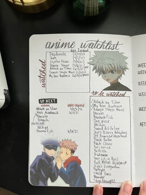 The original watchlist filled up pretty quick 😅 Anime Watchlist Journal, Bujo Watchlist, Anime List Journal, Watchlist Journal, Manga Journal, Anime Watchlist, Bullet Journal Lists, Bullet Journal Page, Movie Ideas