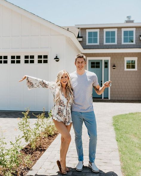 Home Sweet Home! The Bachelor's Arie Luyendyk Jr. and Laurenarie andlauren Burnham Reveal They Bought a House Bought A House Announcement, Moving Announcement Photo, Lauren Burnham, First Home Pictures, Front Porch Pictures, Arie Luyendyk Jr, First Home Together, Buying First Home, Real Estate Fun