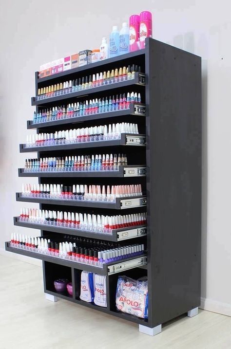 Nail Art Room Decor, Nail Salon Organization, Nail Salon Organization Ideas, Nail Art Room, Nail Organization Ideas, Studio Nail Art, Desain Salon Kuku, Organiser Son Dressing, Koleksi Makeup