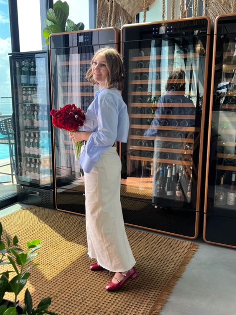 Red Heel Work Outfit, Cropped Blue Shirt Outfit, Blue Crop Shirt Outfit, Cherry Shoes Outfit, Cherry Red Mary Janes Outfit, Red Mary Jane Heels Outfit, Red Ballerina Flats Outfit, Blue Mary Janes Outfit, Marie Jane Shoes Outfit