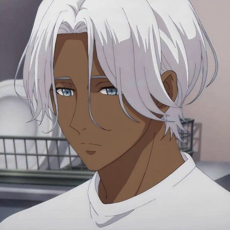 Black Anime Guy With White Hair, Dark Skinned Anime Characters, Black Anime White Hair, Dark Skin Anime Men, Black Anime Characters White Hair, Black Skin White Hair, Dark Skinned Anime Guy, Anime Black Guy, Black Anime Characters Guys