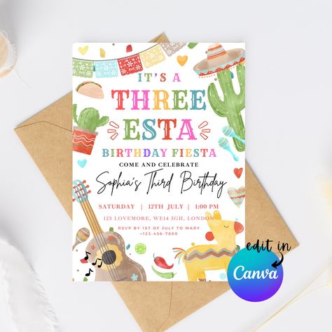 Threesta Birthday Party Invitations, Three Fiesta Birthday, Three Esta Birthday Party, Cactus Template, Three Esta, 3rd Birthday Party For Girls, Girl Mexican, Angel Birthday, Mexican Cactus