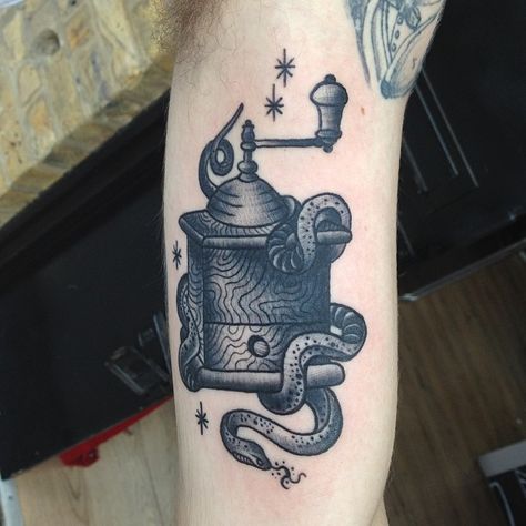 #coffee #tattoo #coffeegrinder Coffee Grinder Tattoo, J Tattoo, Coffee Tattoo, Coffee Tattoos, School Tattoo, A Work In Progress, Free Service, Old School Tattoo, Coffee Grinder