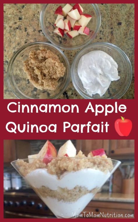 Layers of cinnamon spiced quinoa, yogurt, and apples make this quinoa parfait the perfect healthy breakfast, snack, or sweet treat. Quinoa Parfait, Summer Produce Recipes, Apple Quinoa, Healthy Thanksgiving Desserts, Mom To Mom, Perfect Healthy Breakfast, Kid Approved Meals, Snack Bites, Winter Desserts