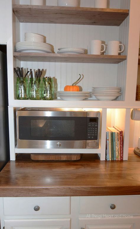 built in cupboard w a microwave cubby, appliances, kitchen cabinets, kitchen design, organizing, storage ideas, woodworking projects Microwave Cubby, Small Wall Oven, Classroom Castle, Microwave Shelf, Microwave Cabinet, Organizing Storage, Built In Cupboards, Open Cabinets, Appliances Kitchen