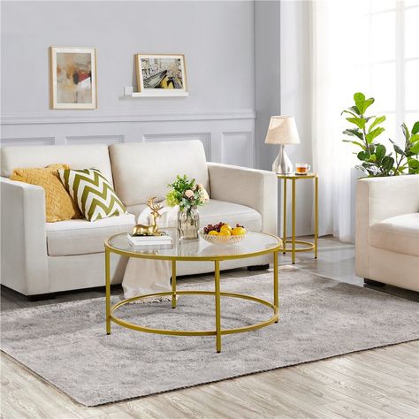 Alden Design Round Modern Glass-Top Coffee Table, Gold - Walmart.com - Walmart.com Gold Side Table, Round Glass Coffee Table, Round Coffee Table Modern, Cafe Furniture, Round Sofa, Gold Coffee Table, Sofa End Tables, Glass Top Coffee Table, Living Room End Tables