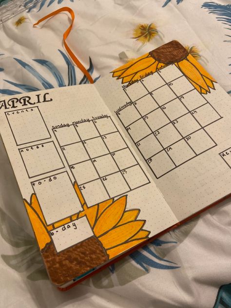 April Bullet Journal Calendar, April Calendar Ideas, Sunflower Bujo, April Calendar, April Bullet Journal, March Bullet Journal, Bullet Journal Font, Bullet Journal Cover Ideas, Bullet Journal Notes