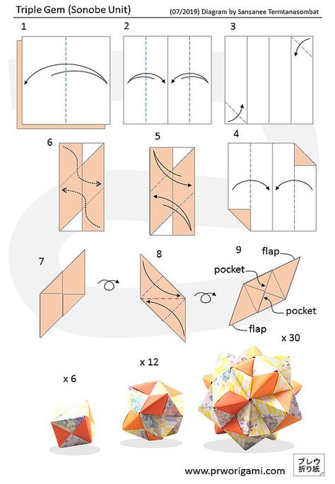 Kusudama Origami Diagram - PrwOrigami Origami Advanced, Origami Diagrams, Geometric Origami, Tutorial Origami, Origami Ball, Cute Origami, Origami And Kirigami, Origami Patterns, Folding Origami