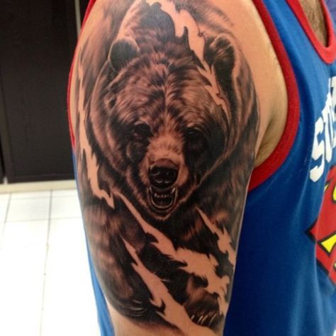 01 3d Bear Tattoo Bear Tattoo Meaning, Grizzly Bear Tattoos, Wolf Sleeve, Bear Tattoo Designs, Bear Tattoos, Bear Tattoo, Bear Pictures, Head Tattoos, Wolf Tattoos