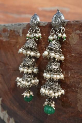 Shop for Heer-House Of Jewellery Peacock Long Tiered Jhumka Earrings Online at Aza Fashions Green Jhumka, Green Pearl Earrings, Sustainable Clothing Brands, Green Pearls, Jhumka Earrings, Womens Clothes, Clothing Stores, Online Earrings, Sustainable Clothing