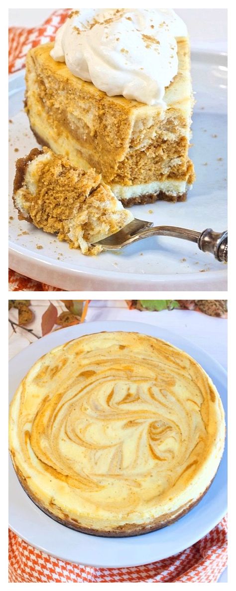 Top picture is a slice of pumpkin cheesecake on a white plate with a bite on a fork.  Bottom picture is a picture of the whole cheesecake. Pumpkin Swirl Cheesecake Gingersnap Crust, Marbled Pumpkin Cheesecake, Pumpkin Swirl Cheesecake With Gingersnap Crust, Marble Pumpkin Cheesecake, Pumpkin Marble Cheesecake, Swirled Pumpkin Cheesecake, Pumpkin Cheesecake Gingersnap Crust, Pumpkin Cheesecake Swirl, Cheesecake With Gingersnap Crust