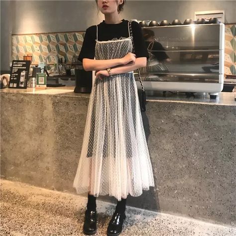 Sheer Overlay Dress Outfit, Jeans Top Outfit, Sheer Dresses Outfit, Punk Baby, Fashionista Clothes, Hippie Outfits, Sheer Dress, Lookbook Outfits, Japanese Fashion