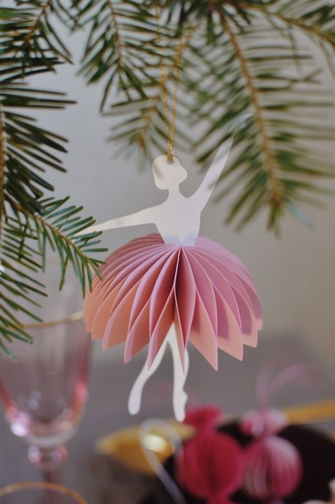 Handmade paper decoration made via honeycomb method in my tiny workshop. SET of 2 ballerinas with pink shade of paper. Since they are made from paper, they cannot break and you can use them as many times as you like.  They will be a nice touch also throughout the year or as a festive or wedding decoration in windows, as garlands or in your local craft shop. Those paper decorations come in more shapes and colours. They come in various soft hues that combine easily with any interior design. They c Paper Ball Decorations, Paper Decor Christmas, Paper Mobiles, Christmas Decoration Paper, Paper Ornaments Diy, Tiny Workshop, 3d Ornaments, Diy Osterschmuck, Outdoor Christmas Planters