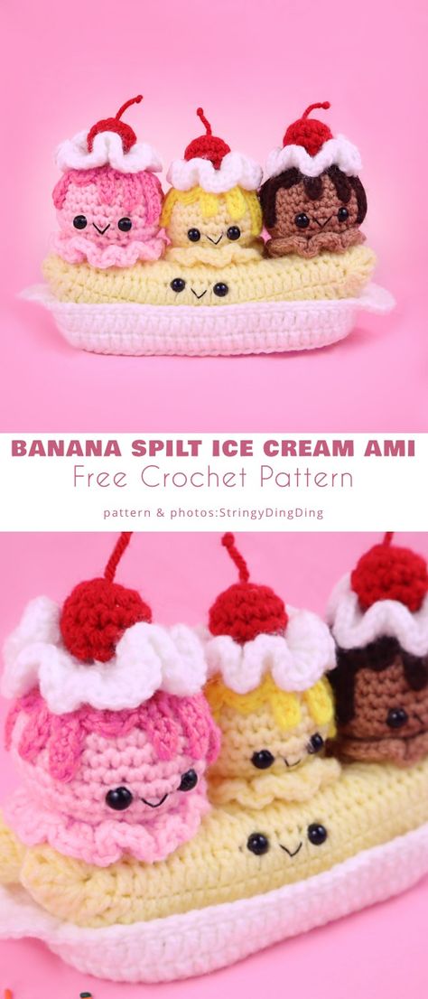 Banana Split Crochet, Crochet Banana Split, Amigurumi Candy Free Pattern, Crochet Banana Pattern Free, Crochet Banana, Banana Split Ice Cream, Crochet Candy, Crochet Plushie, Crochet Mignon