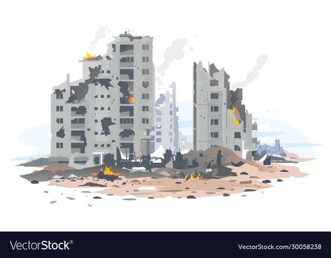 Destroyed Buildings Art, Ruined Buildings Drawing, Destroyed Building Drawing, Destroyed City Drawing, Ruin Building, Ruined Buildings, Refugees Art, Residential Neighborhood, Abandoned City