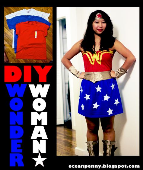 needle & thread magic: The Making of Wonder Woman (for $10!!) Modest Wonder Woman Costume, Costume Transformation, Diy Wonder Woman Costume, Wonder Woman Costume Diy, Wonder Woman Diy, Diy Superhero Costume, Wonder Woman Halloween Costume, Superhero Halloween Costumes, Superhero Halloween