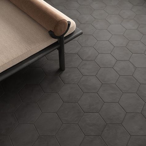 Revel in the endlessly crisp, cool, and contemporary style of the Ava Collection by TileBar. These fresh-faced hex tiles put a modern twist on encaustic look tiles with trendy colors and graphic deco motifs. Browse samples at Material Bank. Order a sample before midnight and have it delivered the next day! Black Hexagon Tile Bathroom, Gray Hexagon Tile, Hexagon Tile Bathroom Floor, Black Bathroom Floor, Hexagon Tile Bathroom, Black Hexagon Tile, Black Tile Bathrooms, Hexagon Tile Floor, Black Floor Tiles