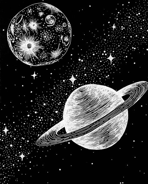 Galaxy Planets Drawing, Space Illustration Black And White, Space Background Drawing, Space Aesthetic Drawing, Night Sky Sketch, Stars Line Art, Space Drawings, Black Paper Drawing, Lino Art