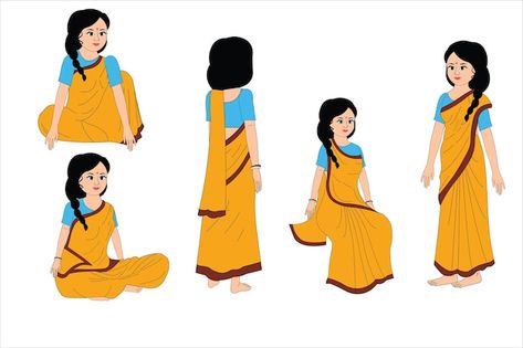 Vector a woman in a yellow saree is posi... | Premium Vector #Freepik #vector #sari #saree #indian-saree #women-saree Woman In Saree Illustration, Free Cartoon Characters, Memories Art, Childhood Memories Art, Body Type Drawing, Human Body Drawing, Human Figure Sketches, Purple Saree, Character Vector