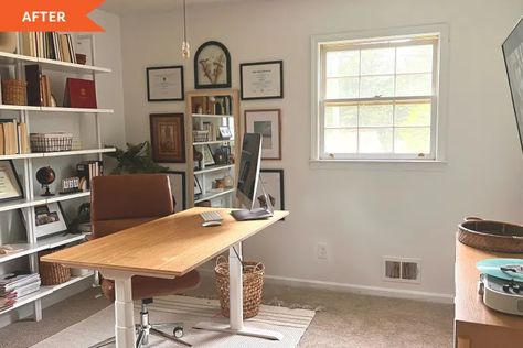 White Ladder Bookshelf, Bright Home Office, Boho Home Office, Home Office Apartment, Brown Leather Chairs, Bright Home, Carpet Decor, Office Carpet, Brown Carpet