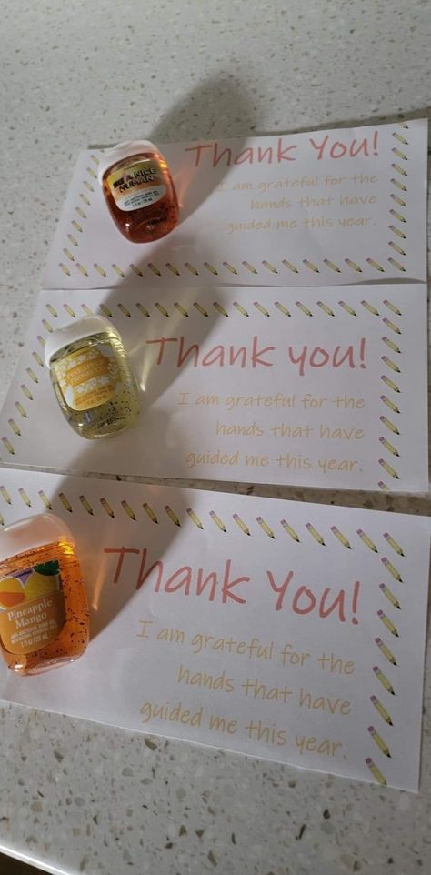 Hand sanitizer taped to a thank you for being a great teacher note. Simple, cheap, cute. Teacher Notes, Canvas Bags, Teacher Appreciation Gift, Appreciation Gifts, I Am Grateful, Teacher Appreciation Gifts, Hand Sanitizer, Teacher Appreciation, Canvas Bag