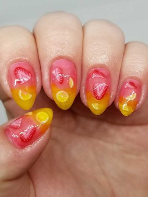 Almond Fruit Nails, Lemonade Jelly, Lemonade Nails, Strawberry Nail Art, Strawberry Nail, Fruit Nail Designs, Fruit Nails, Fruit Nail, Nail Art Acrylic