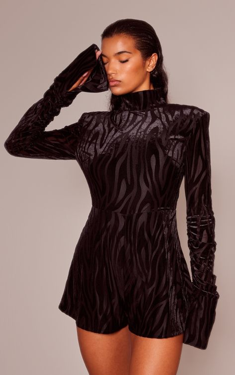 The Black Zebra Velvet Devore Long Sleeve Romper. Head online and shop this season's range of jumpsuits & rompers at PrettyLittleThing. Velvet Outfits, Velvet Devore, Velvet Clothing, Shaping Swimwear, Curvy Skirt, Long Sleeve Playsuit, Rompers For Women, Velvet Clothes, High Neck Designs