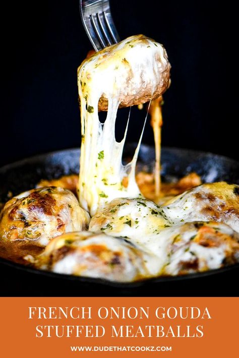 The flavors of French onion soup and smoked Gouda cheese are combined to make the perfect French Onion Gouda Stuffed Meatballs. #meatballs #meatballrecipes #frenchonion #smokedgouda #stuffedmeatballs Gouda Stuffed Meatballs, Parmesan Crusted Asparagus, Stuffed Meatballs, Cheese Stuffed Meatballs, Smoked Gouda Cheese, Parmesan Cream Sauce, Smoked Gouda, Gouda Cheese, Cooking Club