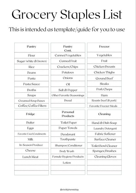 Pantry and Grocery List - Common Staple Items. Includes a template for ideas with average items and then blank templates for you to utilize and create your own.  A grocery shopping tool to help you budget monthly.  Downloadable and printable for your own personal use. Normal Grocery List, List Of Grocery Items, First Time Grocery List Shopping, Grocery Must Haves, Two Week Grocery List On A Budget, Staple Foods Shopping Lists, Staple Pantry Items, Basic Grocery List Families, Single Person Grocery List