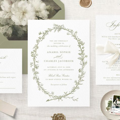 Wedding Invitation Wording Templates, Botanical Invitation, Formal Wedding Invitation, Calligraphy Invitation, Vintage Sage Green, Green Invitation, Green Invitations, Floral Wreath Design, Sage Wedding