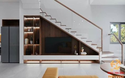 Under The Stairs Closet Ideas, Stairs Tv Unit, Under Stairs Tv Unit, Living Room Under Stairs, Simple House Interior Design, Staircase In Living Room, Office Under Stairs, Cabinet Under Stairs, Under Staircase