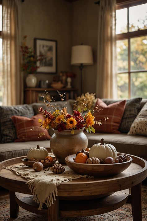 Transform your home this autumn with cozy and inviting fall decorating ideas. Adorn your space with dried flowers, wooden bowls filled with acorns, and chic plaid throw pillows for the perfect seasonal touch. #FallDecor #HomeDecor #AutumnVibes #CozyLiving #SeasonalDecor #InteriorDesign Wooden Bowls Decor Ideas, Wooden Bowls Decor, Fall Home Decor Ideas, Fall Decorating Ideas, Plaid Throw Pillows, Plaid Throw, Fall Home, Fall Decorating, Wooden Bowls