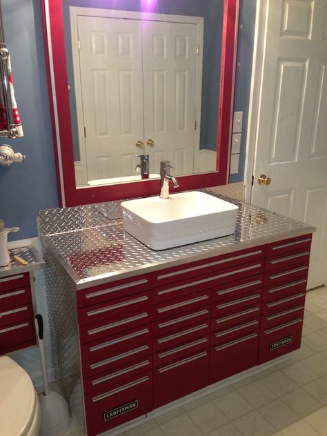 Craftsman Tool Box Vanity with Vessel Sink Kitchen With Toolbox Cabinets, Tool Box Kitchen Cabinets, Garage Bathroom Ideas, Garage Sink, Garage Bathroom, Man Cave Bathroom, Garage To Living Space, Man Cave Room, Bathroom Vanity Designs