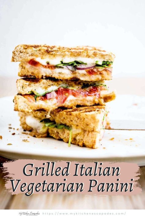 Vegetarian Grilled Panini stacked and sliced Provolone Cheese Recipes, Vegetarian Panini, Sandwich Recipes Panini, Vegetarian Pesto, Toasted Sandwich Recipes, Best Egg Salad Recipe, Veg Sandwich, Vegan Sandwich Recipes, Panini Recipes