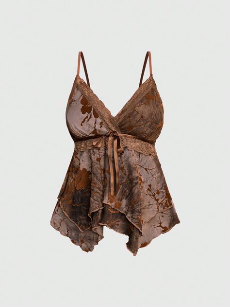 Women Lace Contrast Allover Print Asymmetric Hem Camisole Top Brown Boho   Flocking Plain Cami Slight Stretch  Women Clothing, size features are:Bust: ,Length: ,Sleeve Length: Earthy Tops, Hippie Women, Rustic Outfits, Lace Camisole Top, Hippie Top, Boho Tank Top, Mesh Tops, Lace Cami Top, Lace Camisole