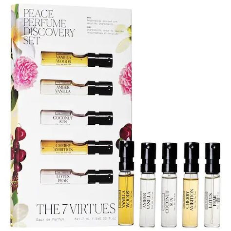 Peace Perfume Sampler Discovery Set - The 7 Virtues | Sephora Intoxicating Perfume, The 7 Virtues, Fragrance Vanilla, 7 Virtues, Vanilla Woods, Daily Mindfulness, Clean Perfume, Aromatherapy Benefits, Pear Wood