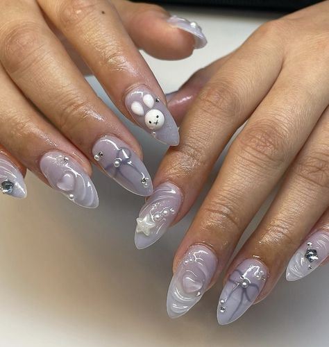 Gel Nails Lilac, Korean 3d Nail Art, Nail Designs Korean, Kpop Idols Nails, Korean Style Nails, Nail Art Y2k, Rabbit Nails, Y2k Chrome, Nail Application